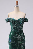 Robe de bal longue de bal en sirène scintillante, vert foncé sur les épaules dénudées, sequins