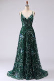 Robe de bal longue de bal en ligne A scintillante vert foncé à bretelles fines
