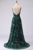 Robe de bal longue de bal en ligne A scintillante vert foncé à bretelles fines