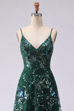 Robe de bal longue de bal en ligne A scintillante vert foncé à bretelles fines