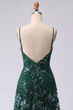 Robe de bal longue de bal en ligne A scintillante vert foncé à bretelles fines