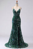 Robe de bal longue avec des bretelles en sirène vert foncé scintillantes et paillettes