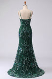 Robe de bal longue avec des bretelles en sirène vert foncé scintillantes et paillettes