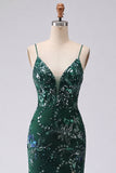 Robe de bal longue avec des bretelles en sirène vert foncé scintillantes et paillettes