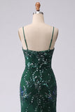 Robe de bal longue avec des bretelles en sirène vert foncé scintillantes et paillettes