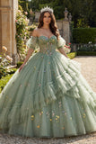 Robe de quinceañera en tulle à corset fleuri à épaules dénudées de sauge poussiéreuse