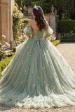 Robe de quinceañera en tulle à corset fleuri à épaules dénudées de sauge poussiéreuse