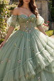 Robe de quinceañera en tulle à corset fleuri à épaules dénudées de sauge poussiéreuse