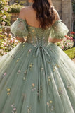 Robe de quinceañera en tulle à corset fleuri à épaules dénudées de sauge poussiéreuse