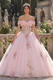 Corset à épaules dénudées, robe de bal rose, robe de quinceañera à fleurs