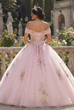 Corset à épaules dénudées, robe de bal rose, robe de quinceañera à fleurs