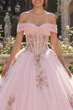 Corset à épaules dénudées, robe de bal rose, robe de quinceañera à fleurs