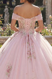 Corset à épaules dénudées, robe de bal rose, robe de quinceañera à fleurs