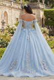 Robe de bal bleu ciel dénudée avec des fleurs 3D