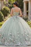 Robe de quinceañera à col carré en sauge poussiéreuse à fleurs appliquées