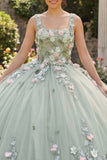 Robe de quinceañera à col carré en sauge poussiéreuse à fleurs appliquées