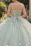 Robe de quinceañera à col carré en sauge poussiéreuse à fleurs appliquées