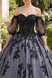 Robe de bal noire appliquetique à l’épaule décalée Quinceañera