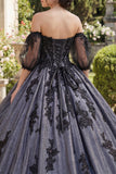 Robe de bal noire appliquetique à l’épaule décalée Quinceañera