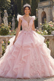 Robe de bal rose à volants appliquée à la quinceañera avec des fleurs 3D
