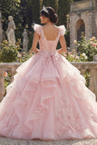 Robe de bal rose à volants appliquée à la quinceañera avec des fleurs 3D