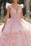 Robe de bal rose à volants appliquée à la quinceañera avec des fleurs 3D