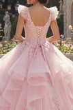Robe de bal rose à volants appliquée à la quinceañera avec des fleurs 3D