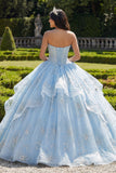 Robe de bal sans bretelles Corset à volants bleu ciel Quinceañera