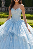 Robe de bal sans bretelles Corset à volants bleu ciel Quinceañera