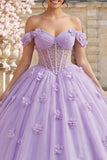 Robe de bal corset lilas à épaule dénudée robe quinceañera avec des fleurs 3D
