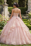 Robe de bal sans bustiers, perles et volants, robe quinceañera rose
