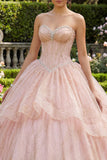 Robe de bal sans bustiers, perles et volants, robe quinceañera rose