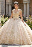 Robe de bal à col en V appliquée au champagne Quinceañera