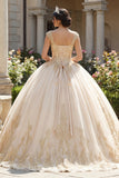 Robe de bal à col en V appliquée au champagne Quinceañera
