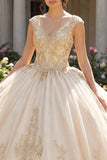 Robe de bal à col en V appliquée au champagne Quinceañera