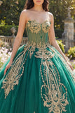 Robe de bal Corset sans bretelles vert appliquée robe quinceañera