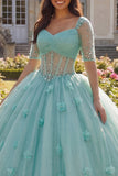 Robe de bal vert clair Corset à manches demi-manches 3D en fleurs Quinceañera
