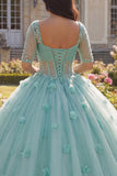 Robe de bal vert clair Corset à manches demi-manches 3D en fleurs Quinceañera
