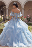 Robe de bal corset bleu ciel à fleurs dénudée