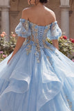 Robe de bal corset bleu ciel à fleurs dénudée