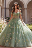 Robe de bal corset verte à épaules dénudées, robe florale de quinceañera