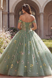 Robe de bal corset verte à épaules dénudées, robe florale de quinceañera