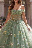 Robe de bal corset verte à épaules dénudées, robe florale de quinceañera