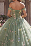 Robe de bal corset verte à épaules dénudées, robe florale de quinceañera