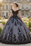Robe de bal noire à épaules dénudées, robe de bal appliquée