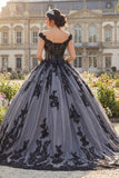 Robe de bal noire à épaules dénudées, robe de bal appliquée