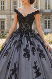 Robe de bal noire à épaules dénudées, robe de bal appliquée