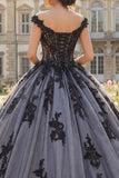 Robe de bal noire à épaules dénudées, robe de bal appliquée