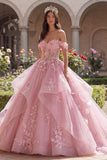 Robe de bal rose à épaules dénudées, robe de quinceañera à volants appliqué