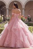 Robe de bal rose à épaules dénudées, robe de quinceañera à volants appliqué